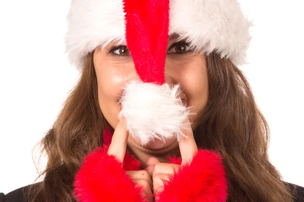 Legrační harry vánoční dívka s červenými nadýchané Santa Hat — Stock fotografie