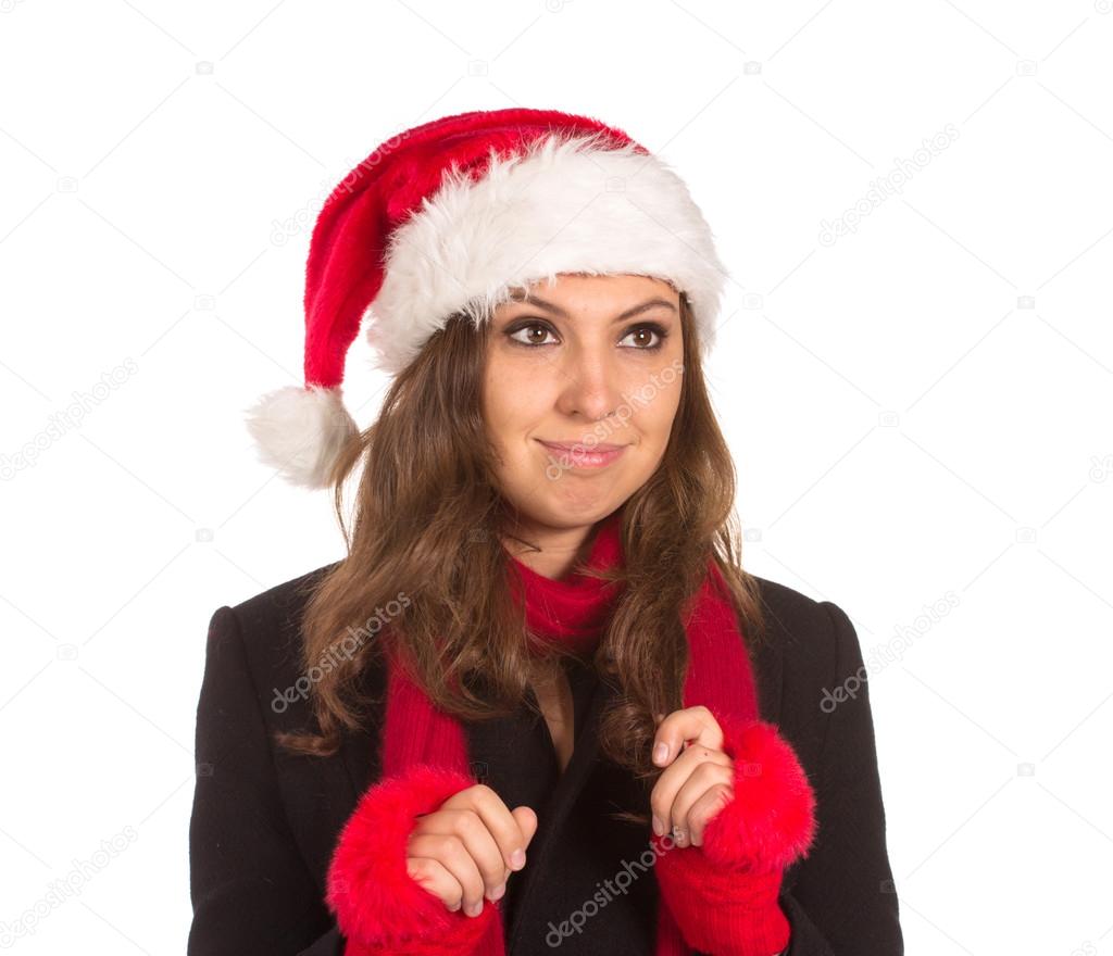 Funny harry Christmas girl with red fluffy Santa Hat