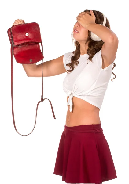 Beautiful woman looking through her pocket book purse — Stock Photo, Image