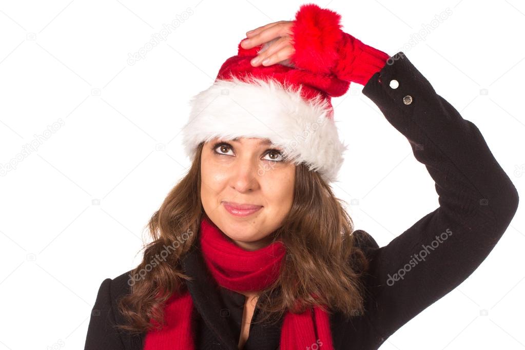 Funny harry Christmas girl with red fluffy Santa Hat