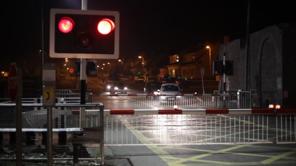 Railway level crossing at night — Stock Video