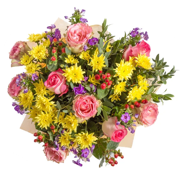 Yellow and pink flowers bouquet isolated on white — Stock Photo, Image