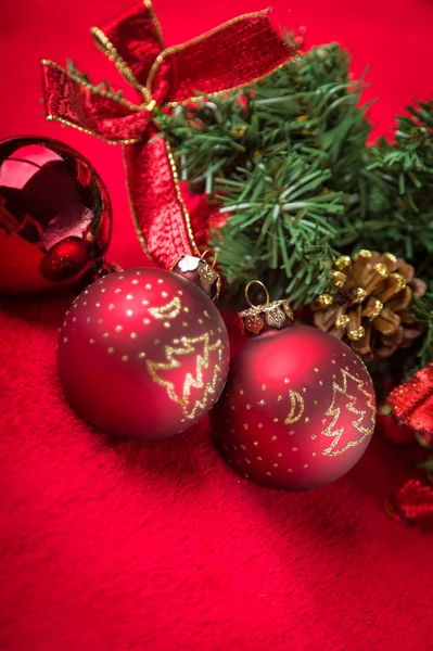 Christmas shiny balls on red background — Stock Photo, Image