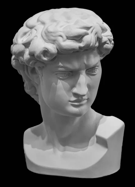 Testa di statua di David scultura di Michelangelo. Antico volto in marmo isolato su nero — Foto Stock