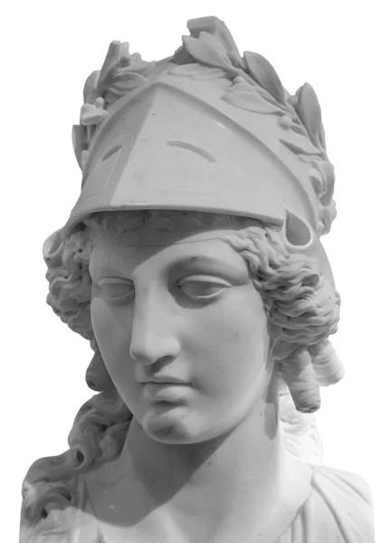 Antigua diosa griega Atenea Palas estatua aislada en blanco. Cabeza de mujer de mármol en escultura de casco. —  Fotos de Stock