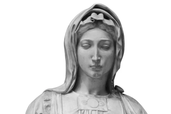 Volto di statua di donna in lutto isolato su sfondo bianco. Gesso scultura antica di volto giovane donna. Copia ritratto testa di gesso — Foto Stock