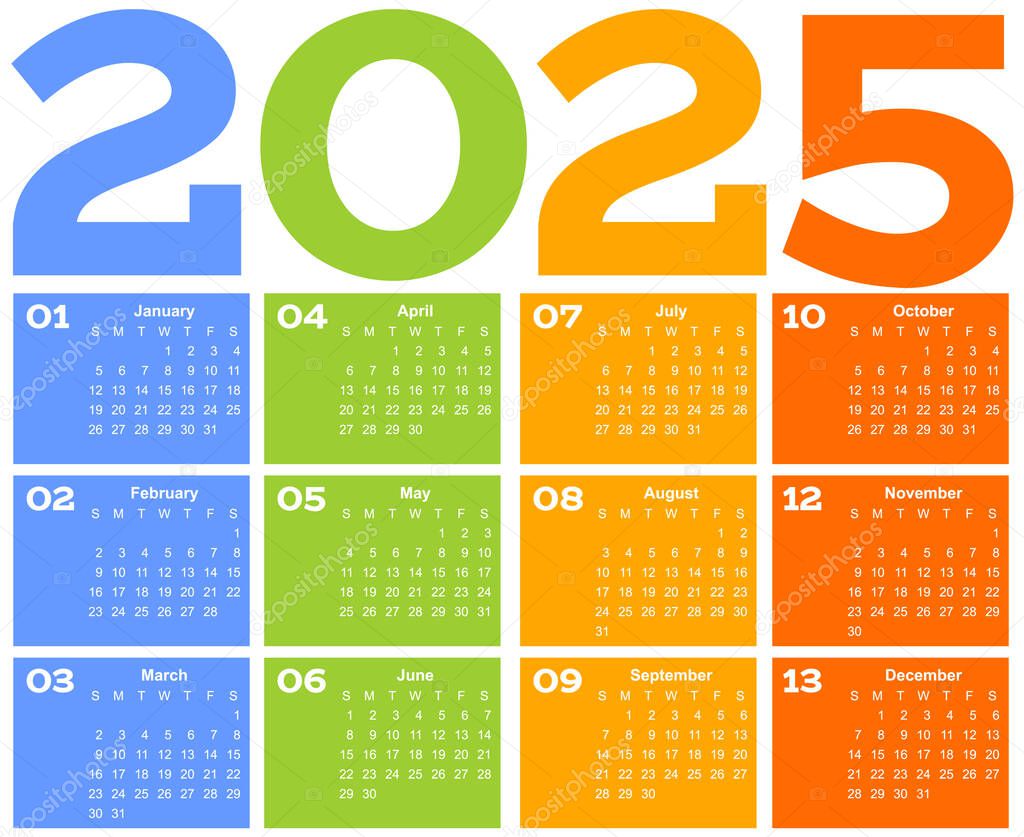 Año 2025 calendario de cuadrícula de un mes de página, multicolor sobre