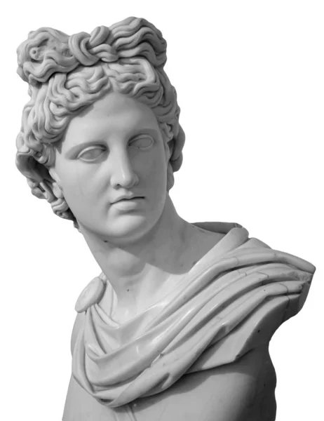 白い背景に隔離された太陽の頭のアポロ神の古代の像の白い石膏のコピー。人間の顔の石膏彫刻。ルネサンス肖像画 — ストック写真