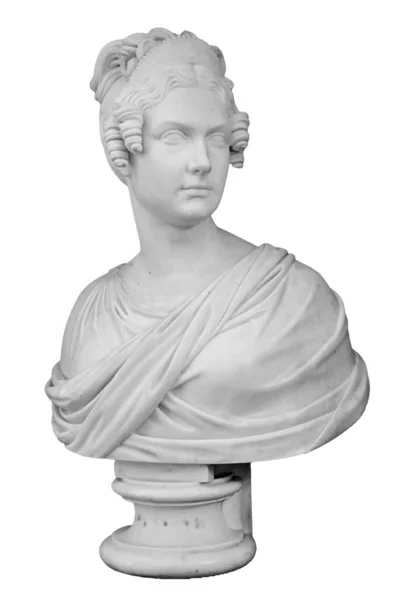 Cópia de gesso da antiga estátua mulher cabeça isolada no fundo branco. Gesso escultura mulher rosto — Fotografia de Stock
