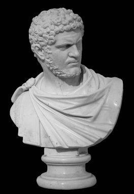 Ancient white marble sculpture bust of Caracalla. Marcus Aurelius Severus Antoninus Augustus known as Antoninus. Roman emperor. Isolated on black clipart