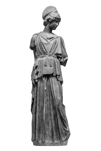 Antigua estatua romana griega de la diosa Atenea dios de la sabiduría y las artes escultura histórica aislada en blanco. Mujer de mármol en la escultura del casco —  Fotos de Stock