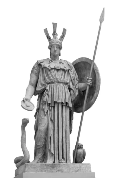 Antigua estatua romana griega de la diosa Atenea dios de la sabiduría y las artes escultura histórica aislada en blanco. Mujer de mármol en la escultura del casco — Foto de Stock