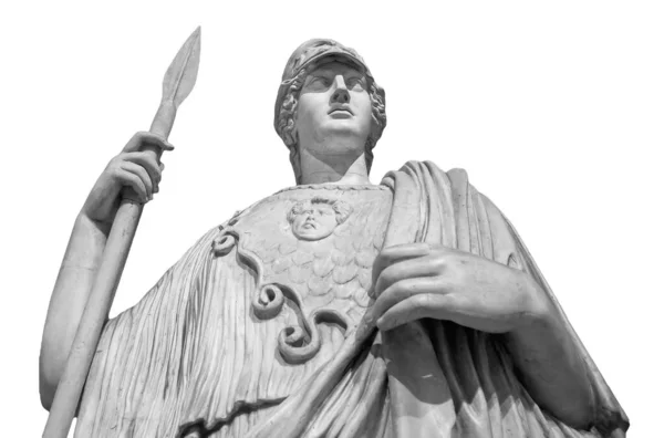 고대 그리스 신화에 나오는 아테나 여신의 지혜의 신과 예술의 역사적 조각은 흰색에 고립되어 있었다. 투구를 쓰고 있는 화려 한 여자 — 스톡 사진