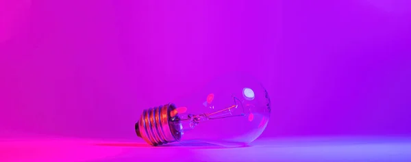 Neon lambalı ampul fotoğrafı. Fikir kavramı pembe mavi arka planda izole edilmiş, elektrikçi bakımı, zanaatkar, tamirci — Stok fotoğraf