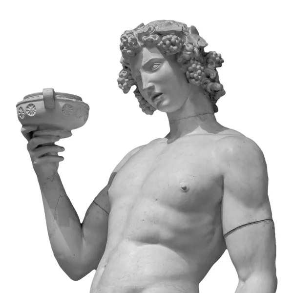 Antike Statue des Dionysos isoliert auf weißem Hintergrund. Dionysos ist der Gott der Weinlese, des Weins und der Heiterkeit. Auch bekannt als Bacchus — Stockfoto