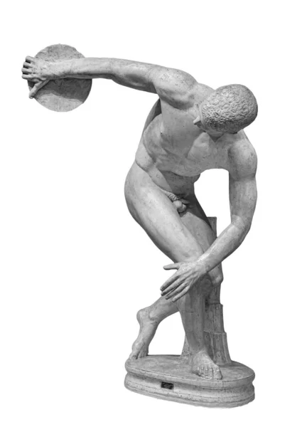 Discus thrower discobolus часть древних Олимпийских игр. Римская копия утраченного бронзового греческого оригинала. Изолированные на белом — стоковое фото