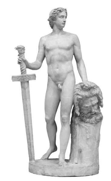 David und Goliath köpfen eine antike Statue. Biblische Geschichte. Antike Skulptur isoliert auf weißem Hintergrund — Stockfoto