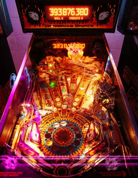 Moscow, Russia - April 29, 2021: Pinball museum. Pinball table close up view of vintage game machine — Stock Photo, Image