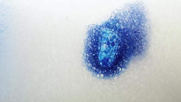 De belles gouttes d'encre se dissolvent dans l'eau. Mousse de savon colorée avec fond de bulles éclatantes. Structure abstraite, peinture remplissant une masse de petites bulles formées dans le liquide. — Video