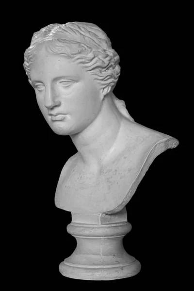 Copia de yeso de la antigua estatua Venus cabeza aislada sobre fondo negro. Escultura de yeso cara de mujer —  Fotos de Stock