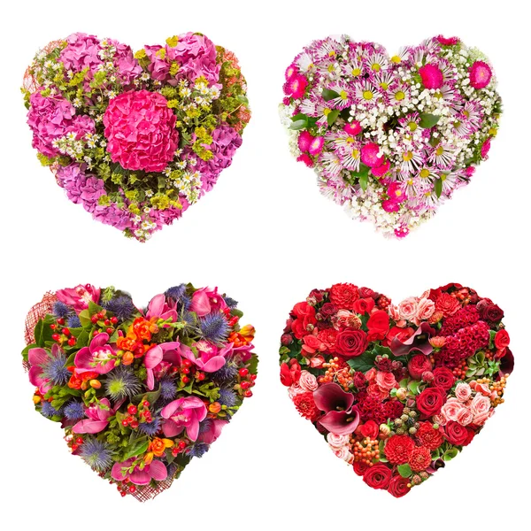 Σύνολο απομονωμένων καλοκαίρια λουλούδια καρδιά floral κολάζ έννοια — Φωτογραφία Αρχείου