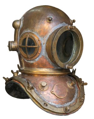 Old antique metal scuba helmet with clipping path isolated on white background clipart