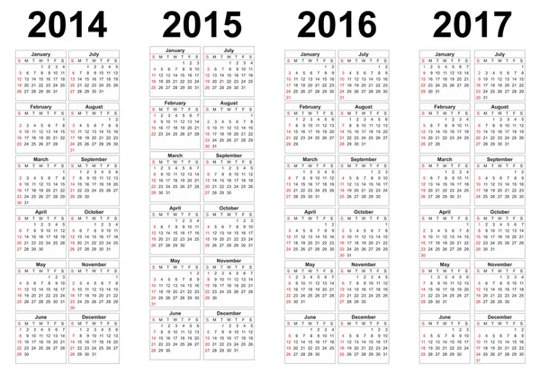 2014, 2015, 2016, 2017 calendários ano vetor — Vetor de Stock