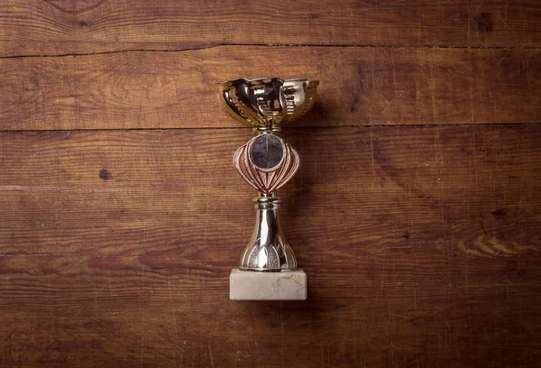 Troféu dourado sobre fundo de madeira — Fotografia de Stock