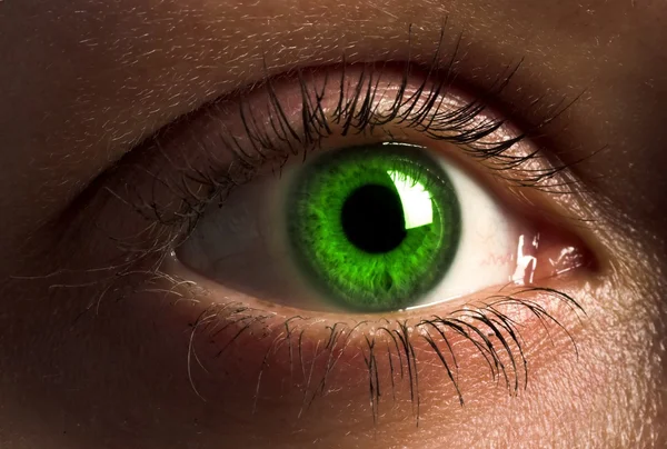 Primer plano del ojo humano con pupila verde — Foto de Stock
