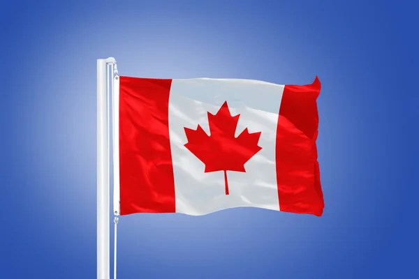 Vlajka Kanady létal proti modré obloze — Stock fotografie