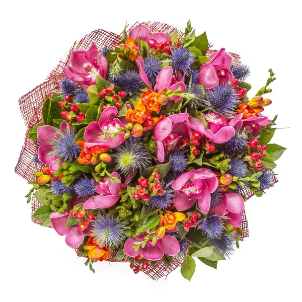 Bouquet of flowers top view isolated on white — Stok Foto
