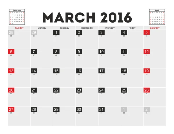 Календарь векторного планирования Март 2016 — стоковый вектор