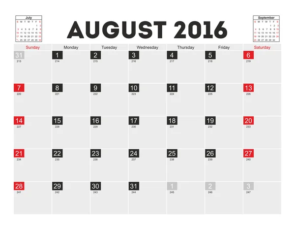 Kalendarz planowania wektor sierpnia 2016 — Wektor stockowy