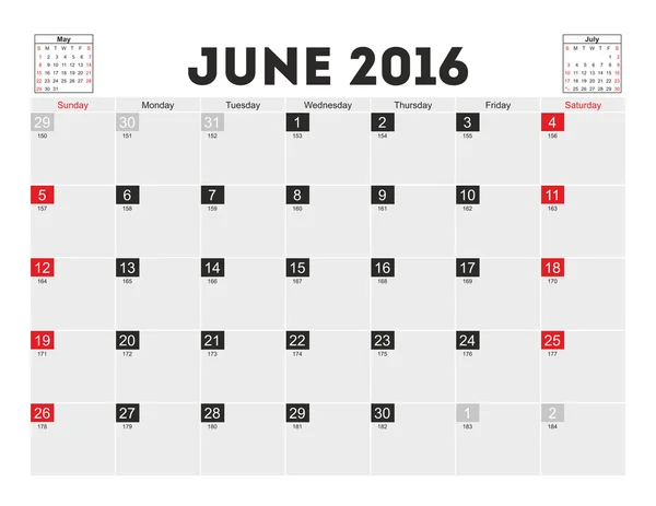 Vektorplanung Kalender Juni 2016 — Stockvektor