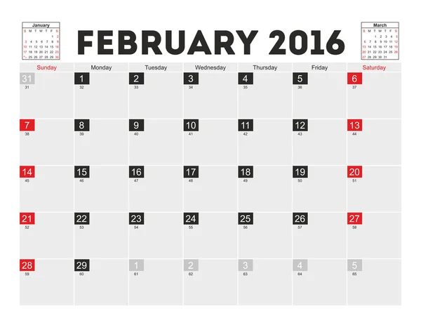 矢量规划历 2 月 2016 年 — 图库矢量图片