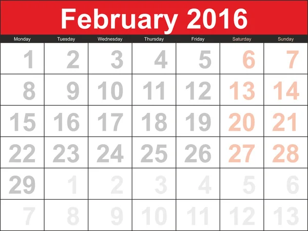 Calendrier de planification vectorielle Février 2016 — Image vectorielle