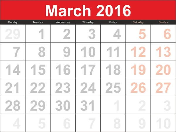 Calendrier de planification vectorielle Mars 2016 — Image vectorielle