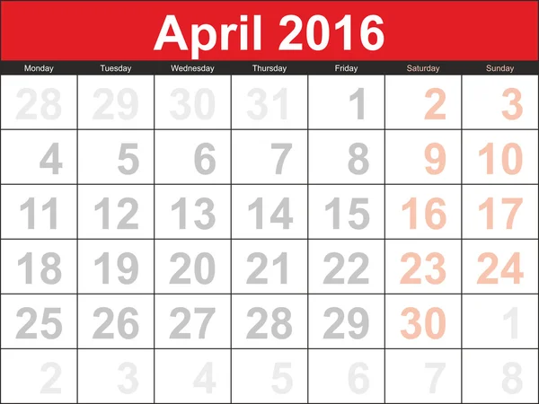 Vektör planlama takvim Nisan 2016 — Stok Vektör
