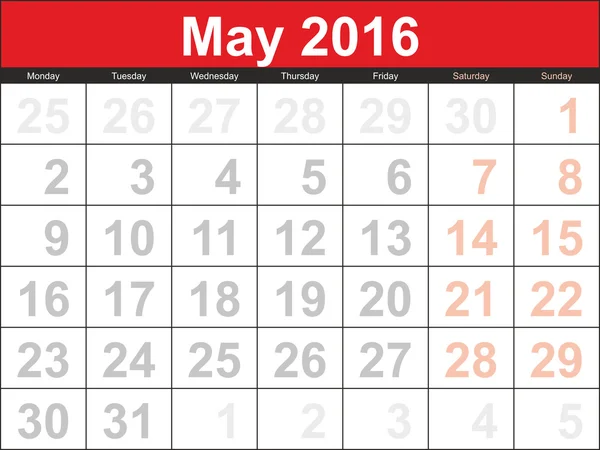 Vektör planlama takvim Mayıs 2016 — Stok Vektör