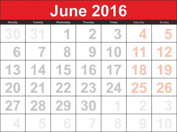 Calendrier de planification vectorielle Juin 2016 — Image vectorielle