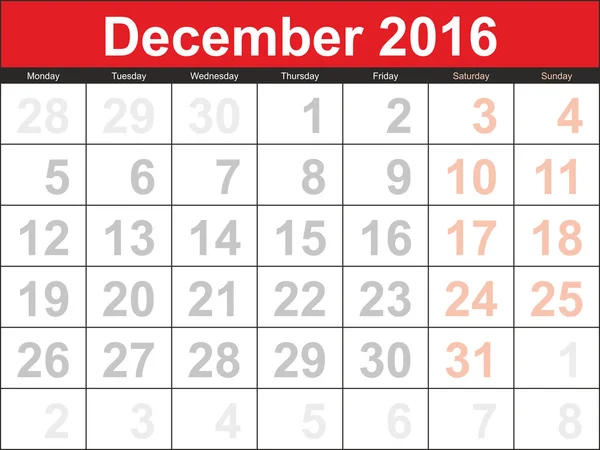 Kalendarz planowania wektor grudnia 2016 — Wektor stockowy