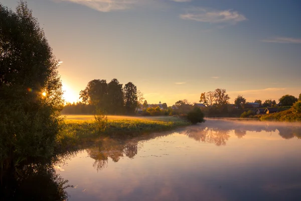 Río brumoso con hierba a la luz del sol de la mañana — Foto de Stock