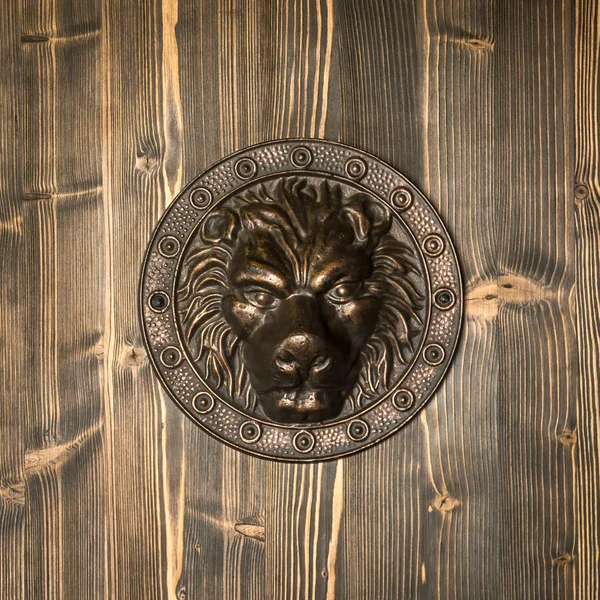 Голова льва, декоративная деталь на входной двери — стоковое фото