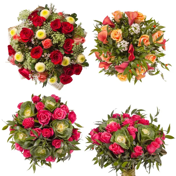 Вид зверху на чотири барвисті букети квітів — стокове фото