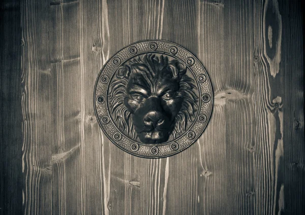 Brass lion head on the door black and white — Stock Photo, Image