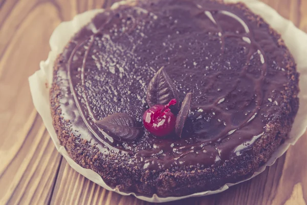 Black Chocolate Cake Wooden Table — Stock Photo, Image