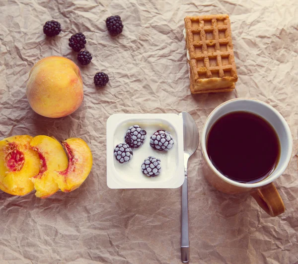 Sağlıklı kahvaltı malzemeler. Üstten Görünüm — Stok fotoğraf