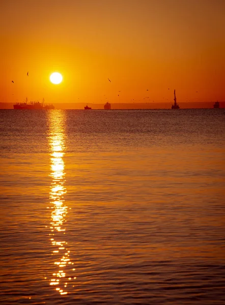 Hermosa Puesta Sol Mar Península Taman Mar Negro Paisaje Otoñal — Foto de Stock