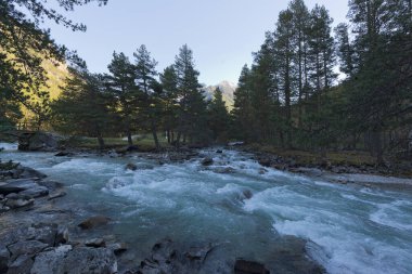 Dağlar, Baksan nehri, Kafkaslar. Güzel sonbahar manzarası