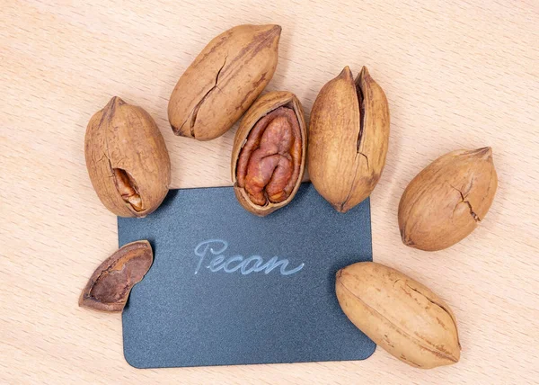 Pecan Nuts Wooden Board Blackboard Lettering Pecan — Stock Photo, Image